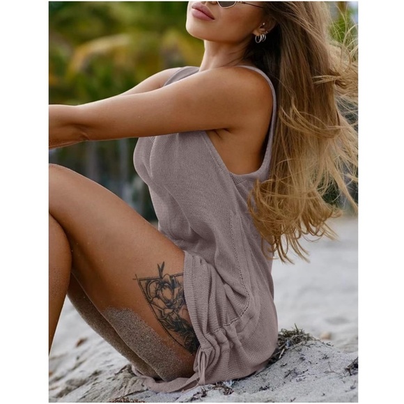 Women’s Gray Cover Up Beach Bikini Mini Dress Crochet Tank with Drawstring - Picture 4 of 5